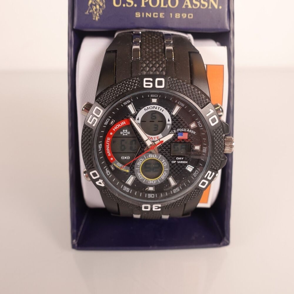 U.S. Polo Assn. Men's Quartz Analog Digital Watch Chrono Day Date Black Silver